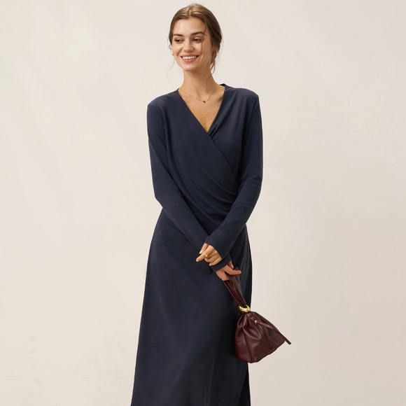 Linen Crossover V-Neck Wrap Stretch Midi Dress MARNIE - Picture 4 of 12